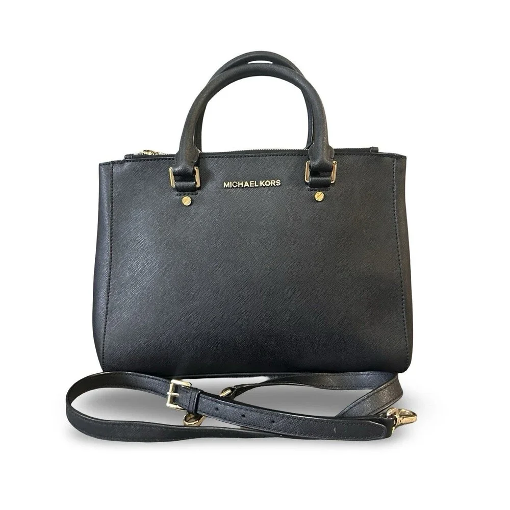 Michael Kors SavannahBlack Saffiano Leather Satchel/Crossbody Double Zipper EUC